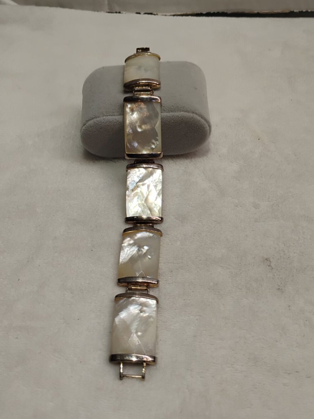 Vintage WW Hong Kong 925 Sterling Silver Mother Of Pearl Panel Link Bracelet - Picture 2 of 11